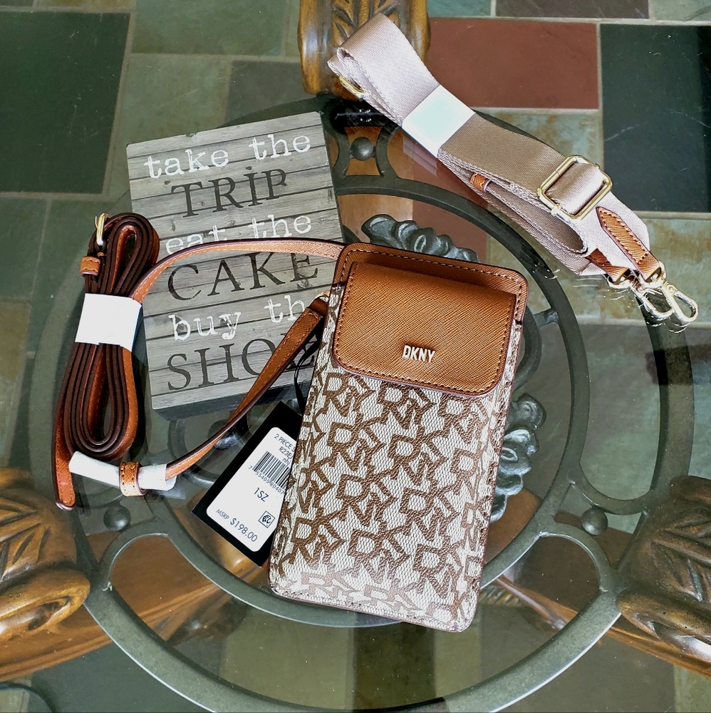 DKNY 2 PC.  taupe and med brown  crossbody purse for phone & cards. Extra strap